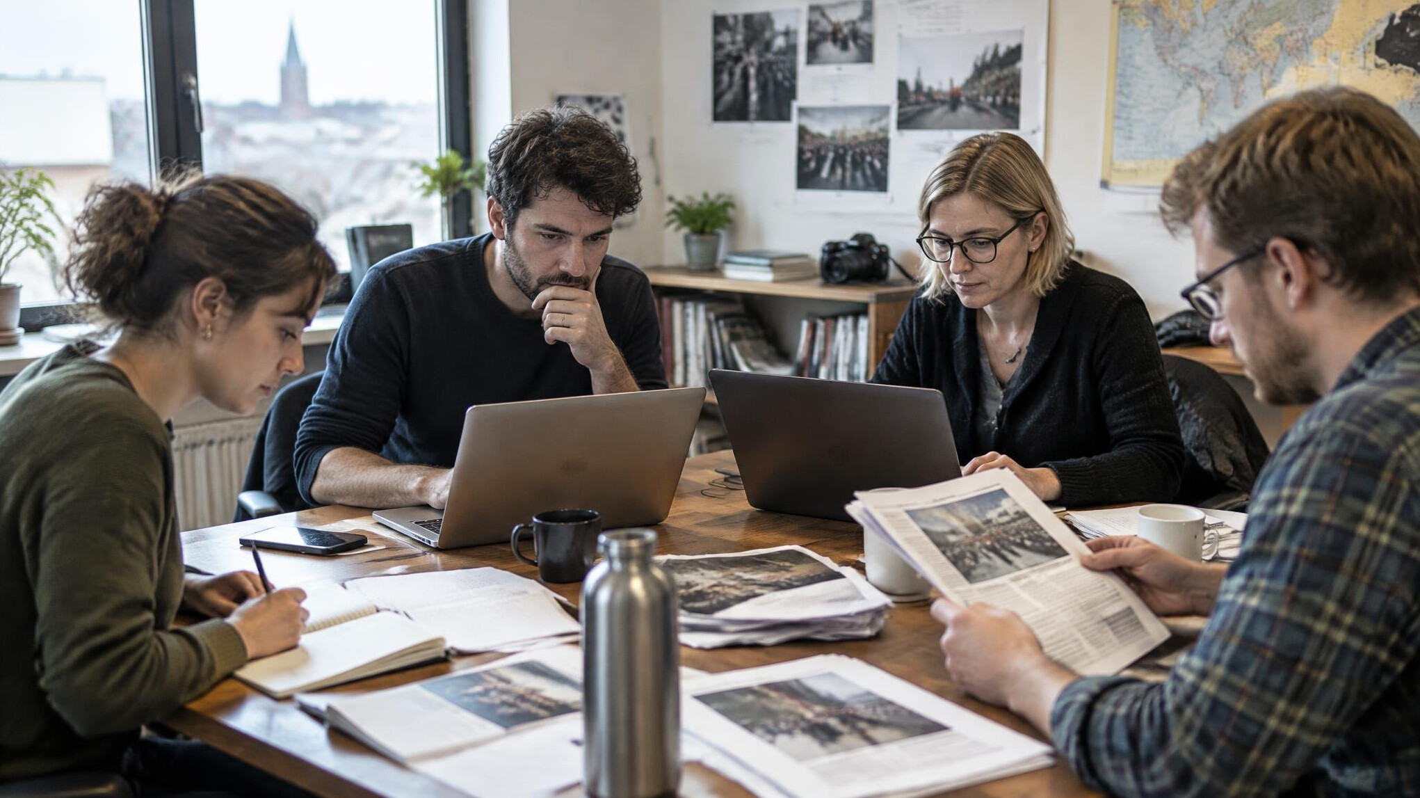 Journalists working at a newsroom table with documents and laptops