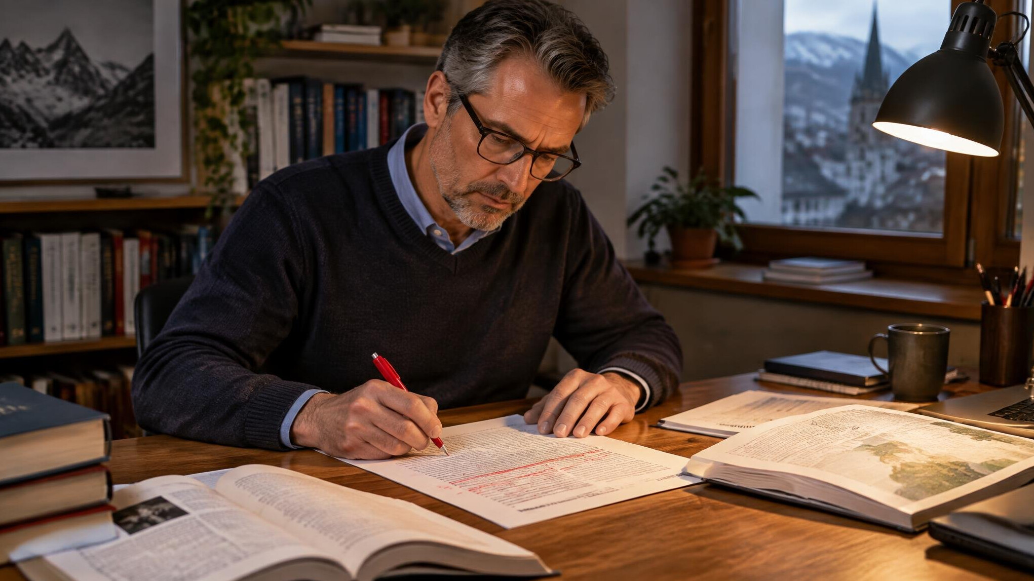 Editor annotating a printed page with a red pen at a desk