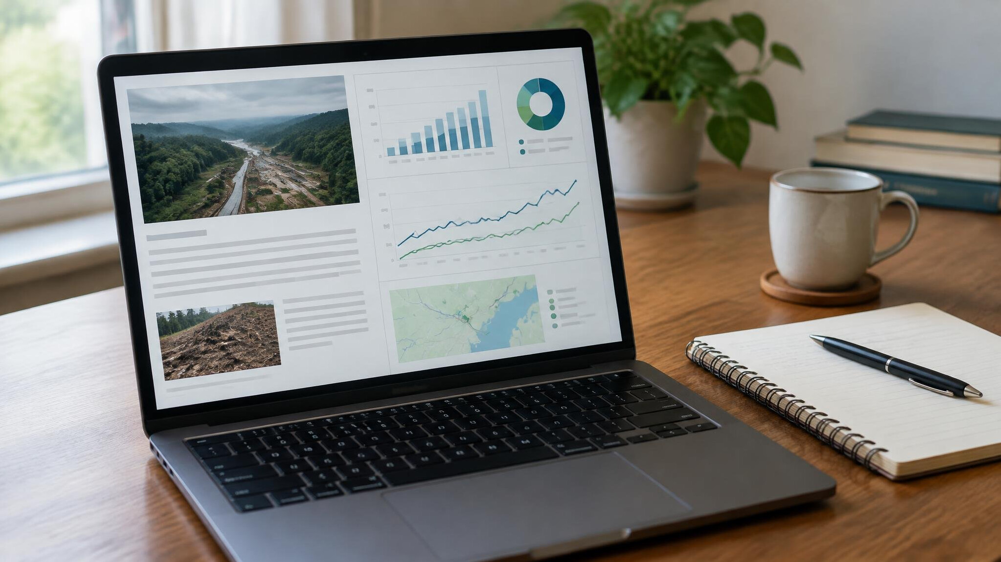 Laptop screen displaying a long-form investigative report with charts
