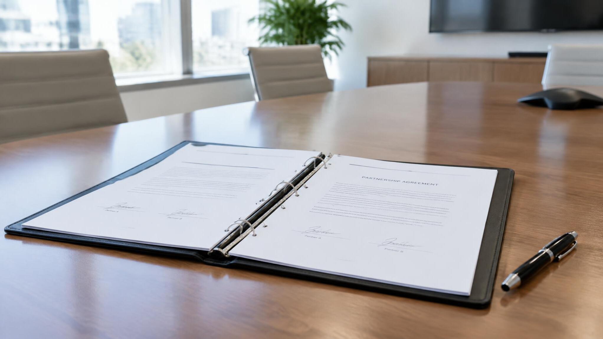 Open binder of signed partnership documents on a conference table