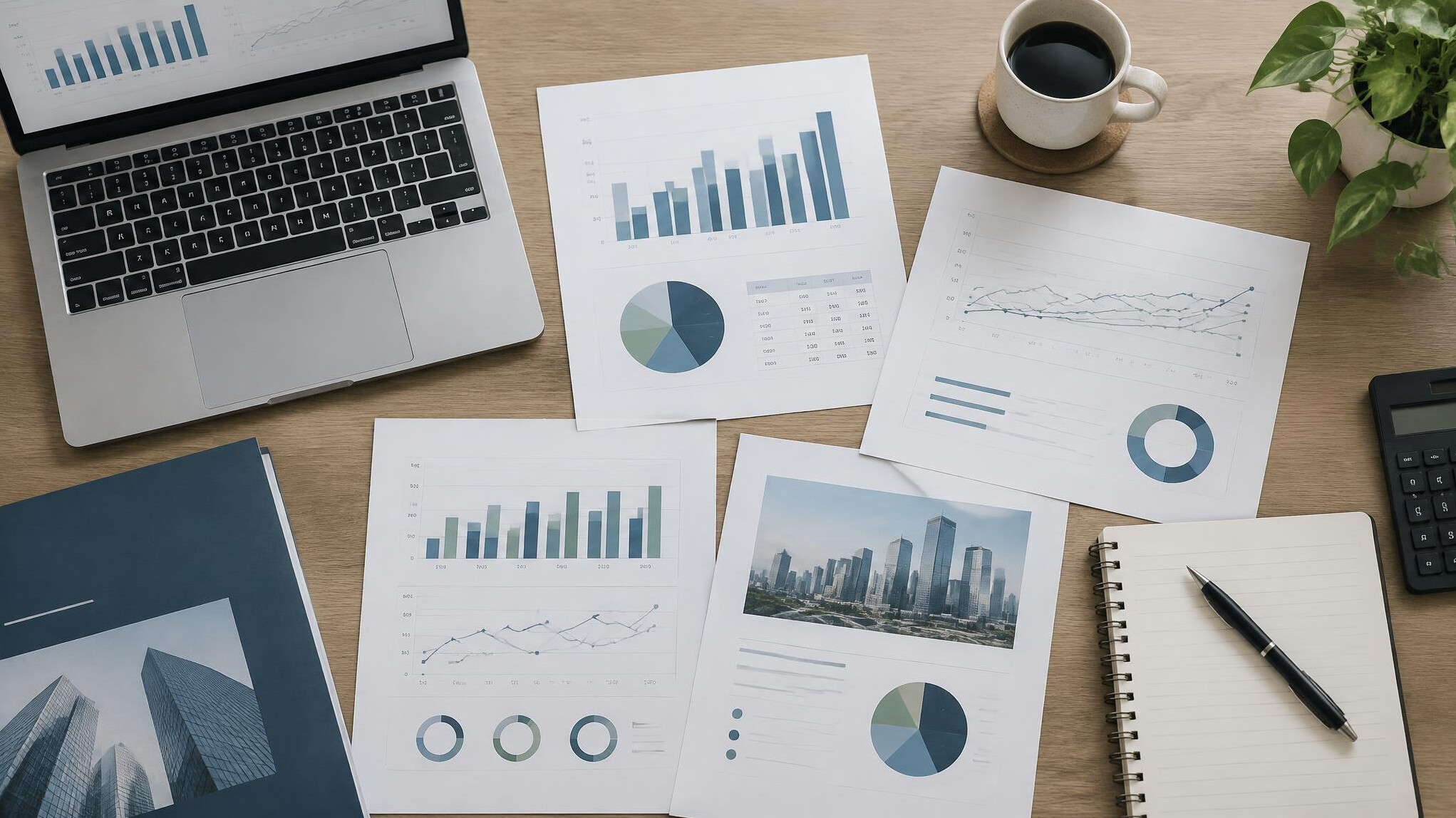 Desk with financial charts, documents and a laptop